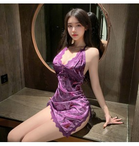 FEE ET MOI - Butterfly Print Deep V Velvet Dress (Purple)